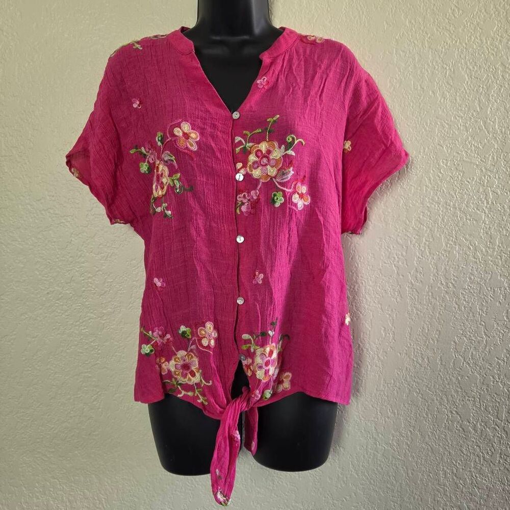 AUW Embroidered Front Tie Buttoned Blouse